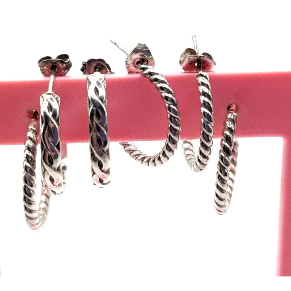 Sterling Silver 3 Pair Twisted Rope Hoop Earrings Mixed Sizes Post Back Set